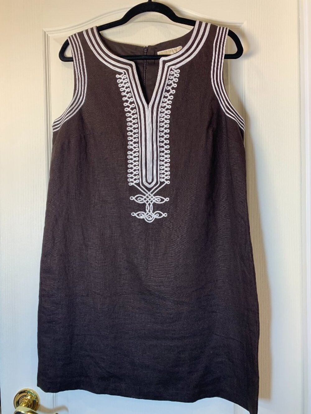 Michael Kors 100% Linen Sleeveless Dress Brown White Trim Lined Summer Size 12